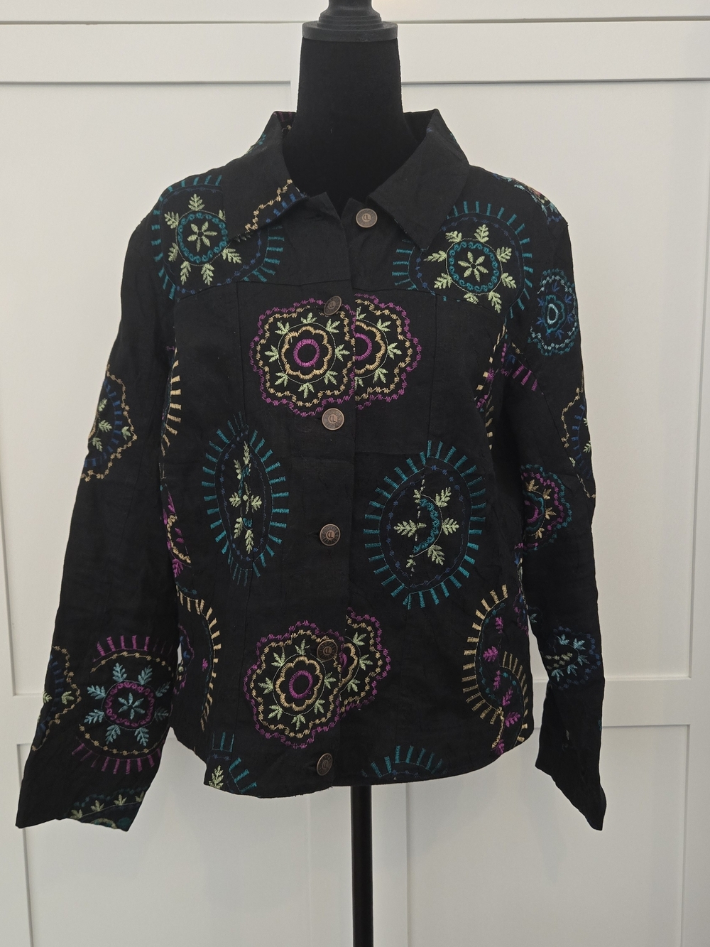 Vtg Carole Little 90's Embroidered Linen Boxy Jacket Black Boho Art To Wear 1X